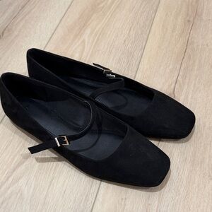 H&M Black Suede Mary Jane Flats with Gold Buckle Strap